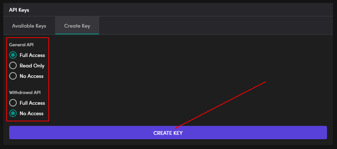 HaasOnline API Keys management interface with General API and Withdrawal API access control options