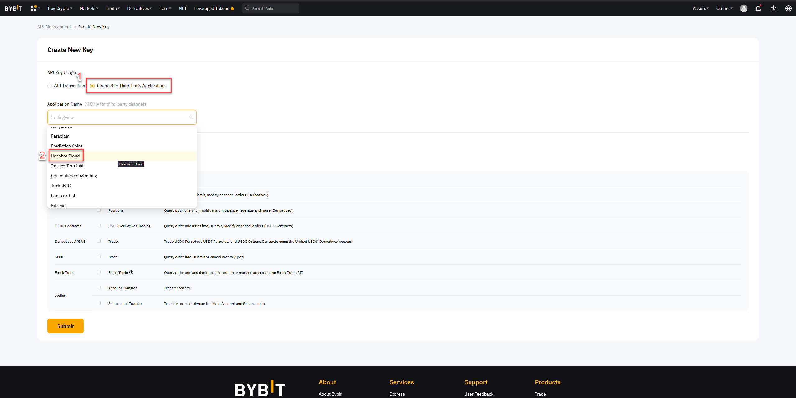 Bybit platform's Create New API Key page with options to connect to third-party applications and select Haasbot Cloud integration.