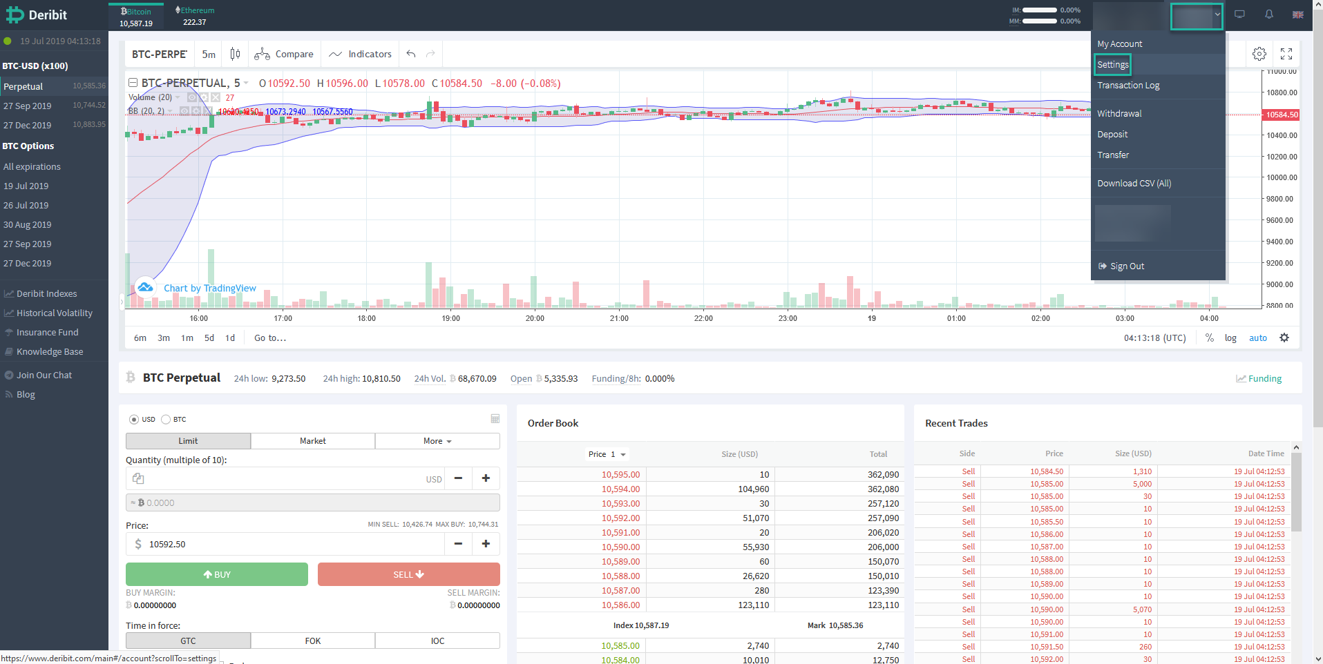 Real-time cryptocurrency trading dashboard with charts, order book, and recent trades details.