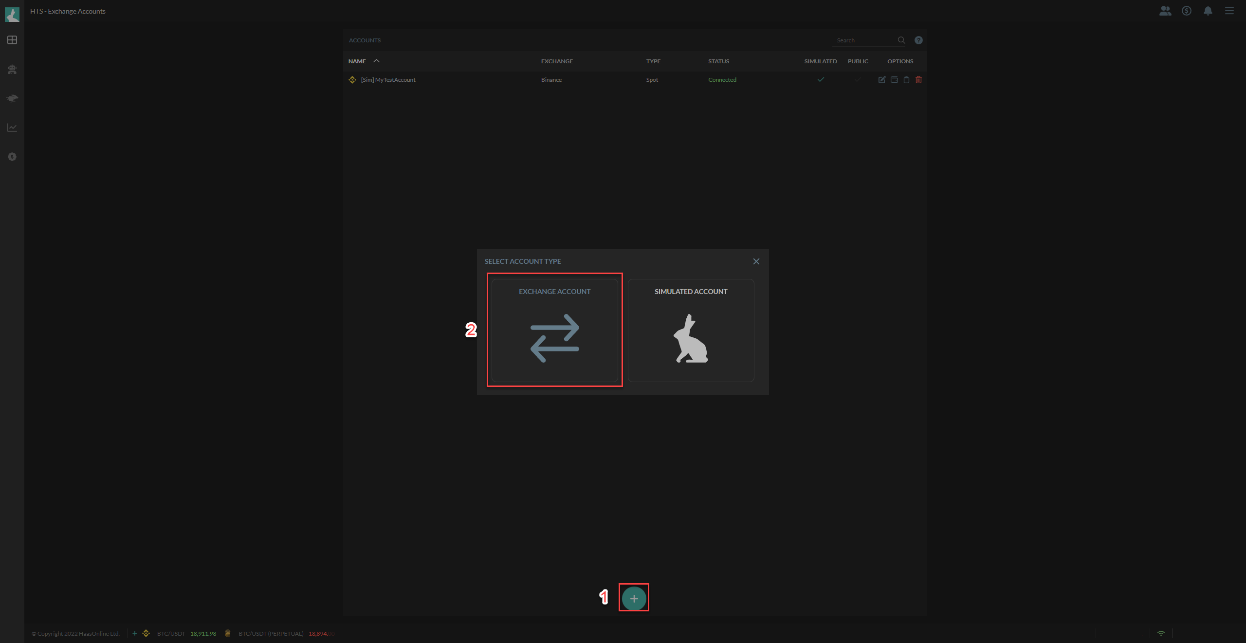 HaasOnline exchange account management interface with 'Exchange Account' and 'Simulated Account' options.
