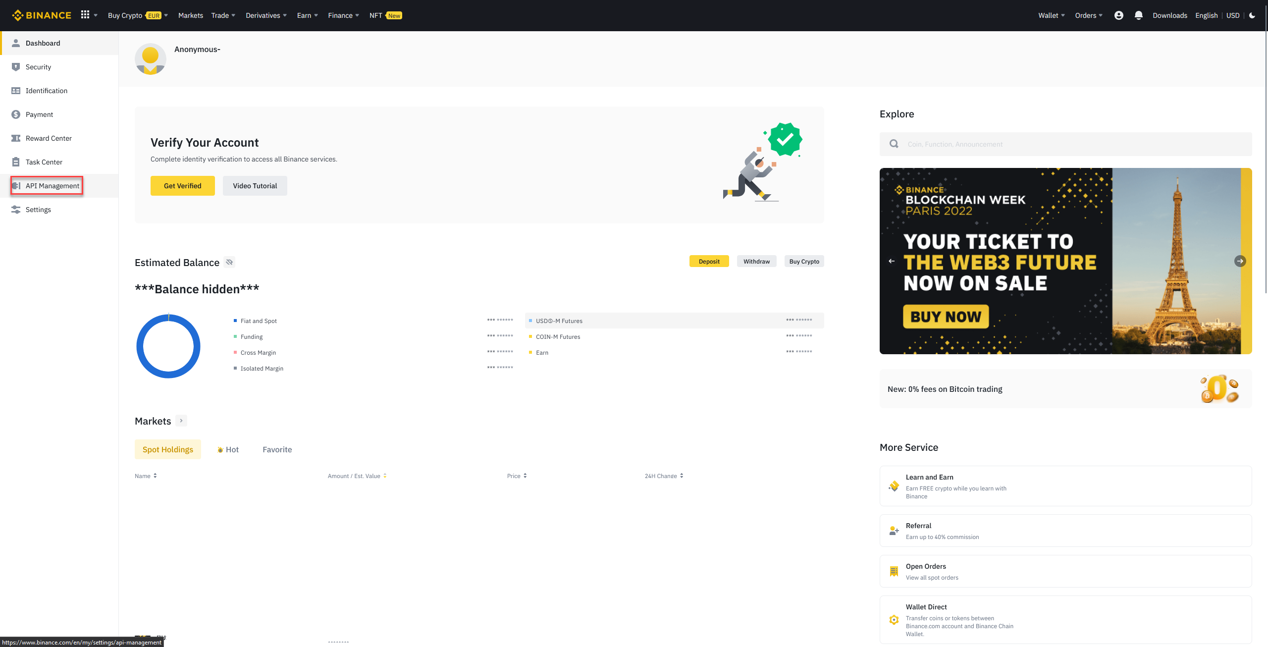 Binance cryptocurrency exchange dashboard with API Management, account verification, and blockchain event promotion