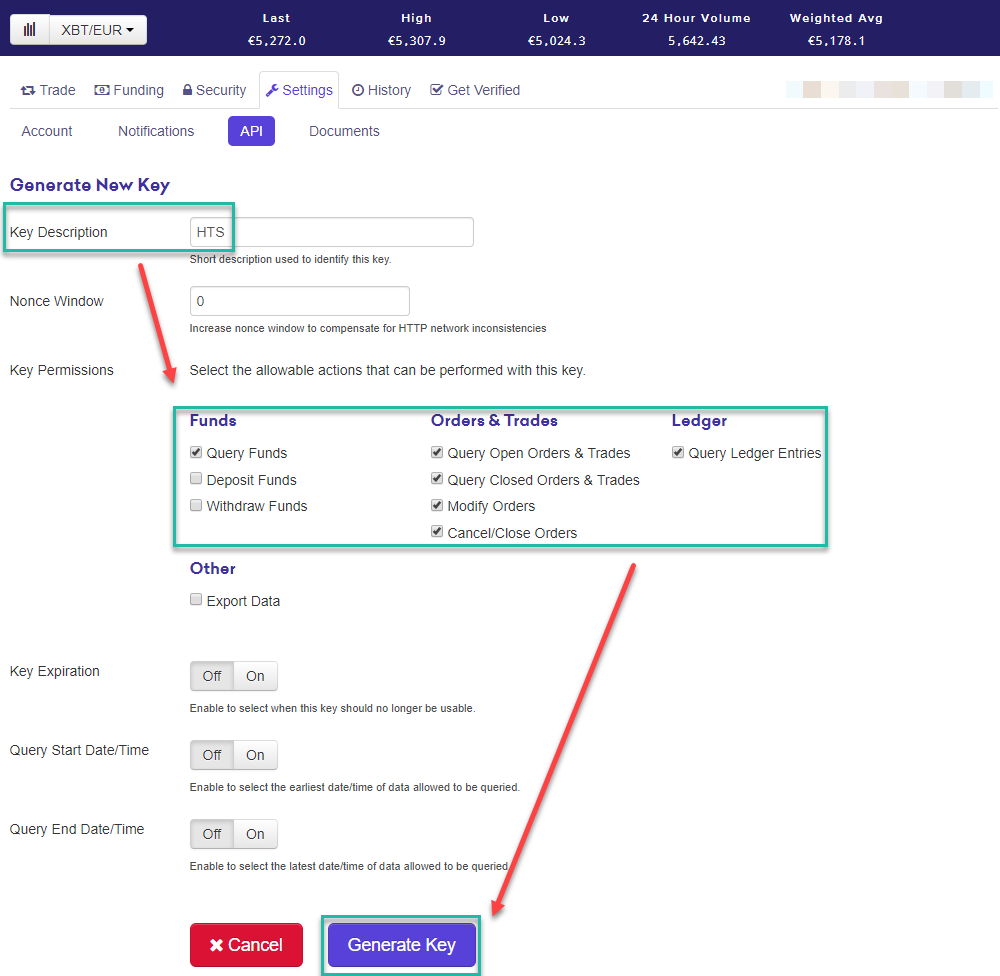 HaasOnline Generate New Key dialog with Key Description, Nonce Window, Key Permissions, and Generate Key button.