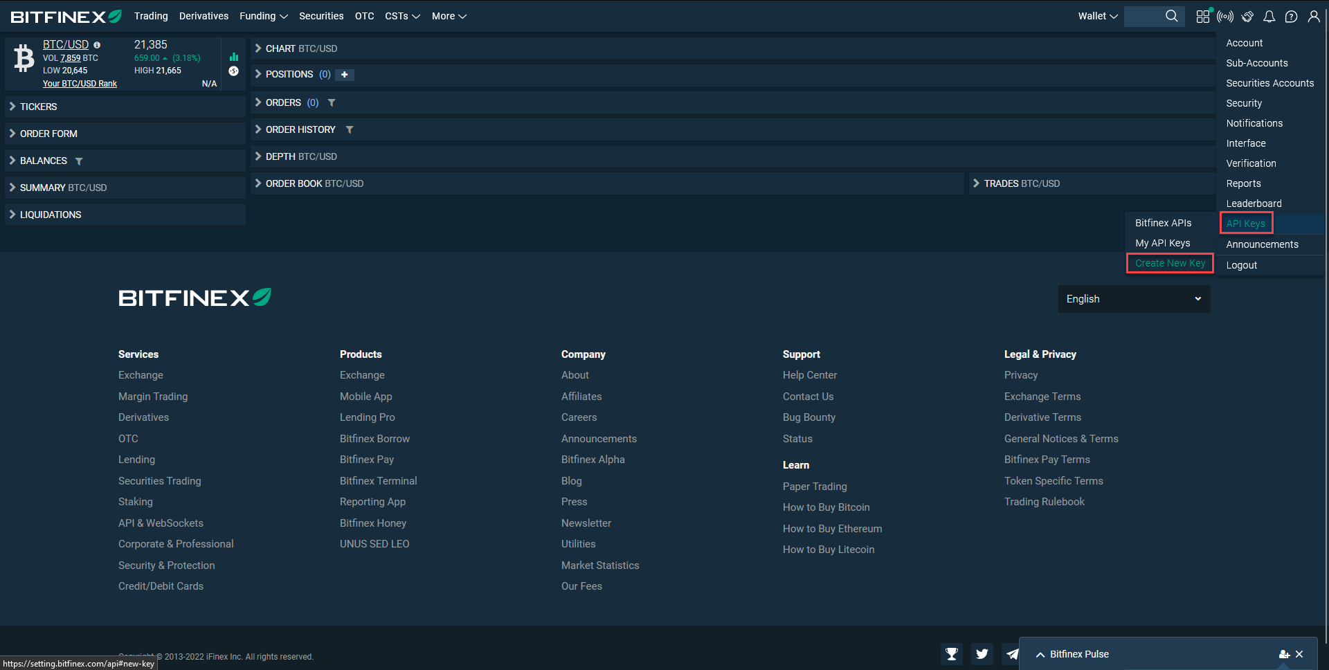 Bitfinex cryptocurrency exchange dashboard with API Keys, Announcements, and Logout options