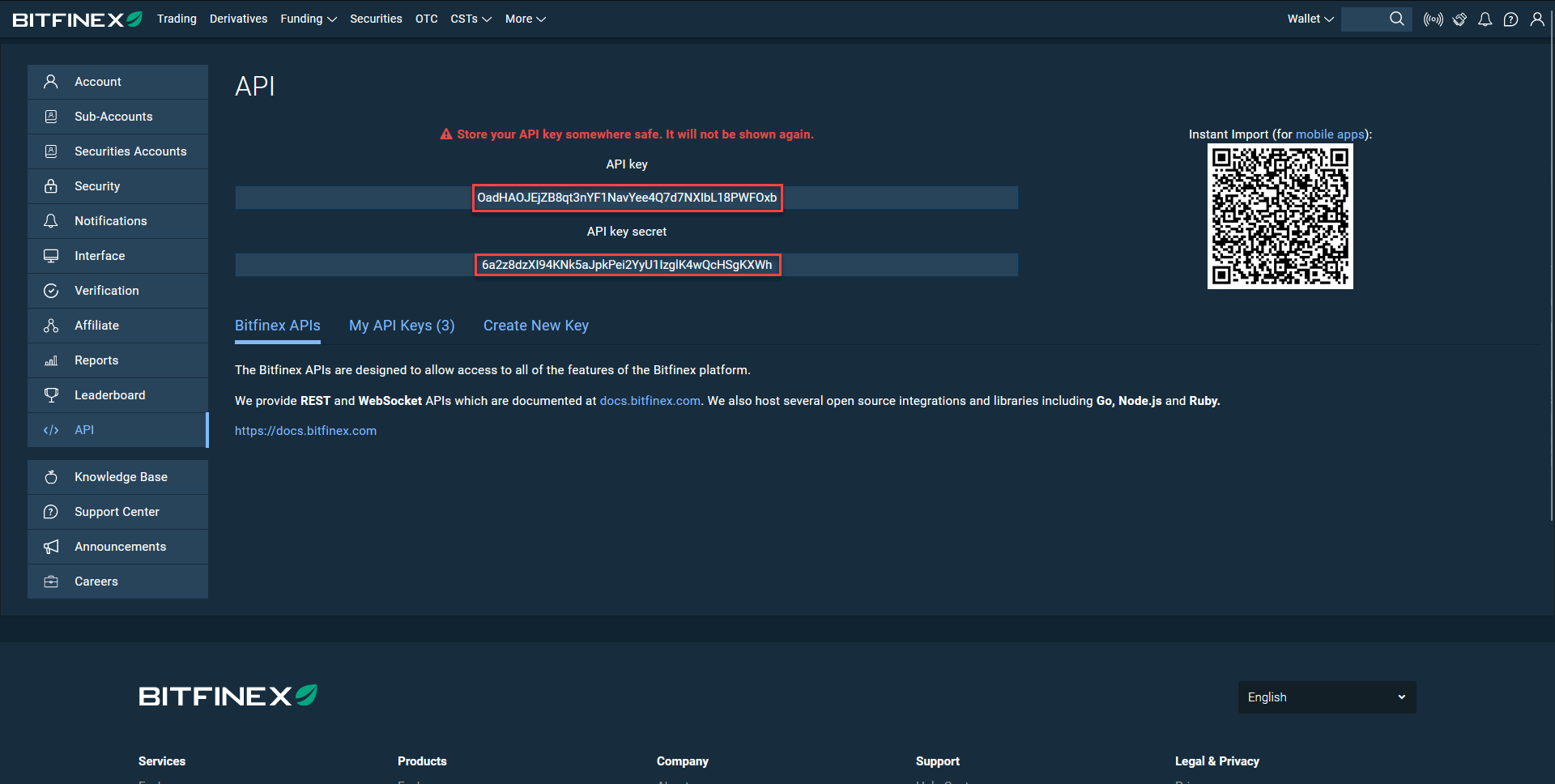 Bitfinex API dashboard displaying API key and secret details with QR code for instant import.
