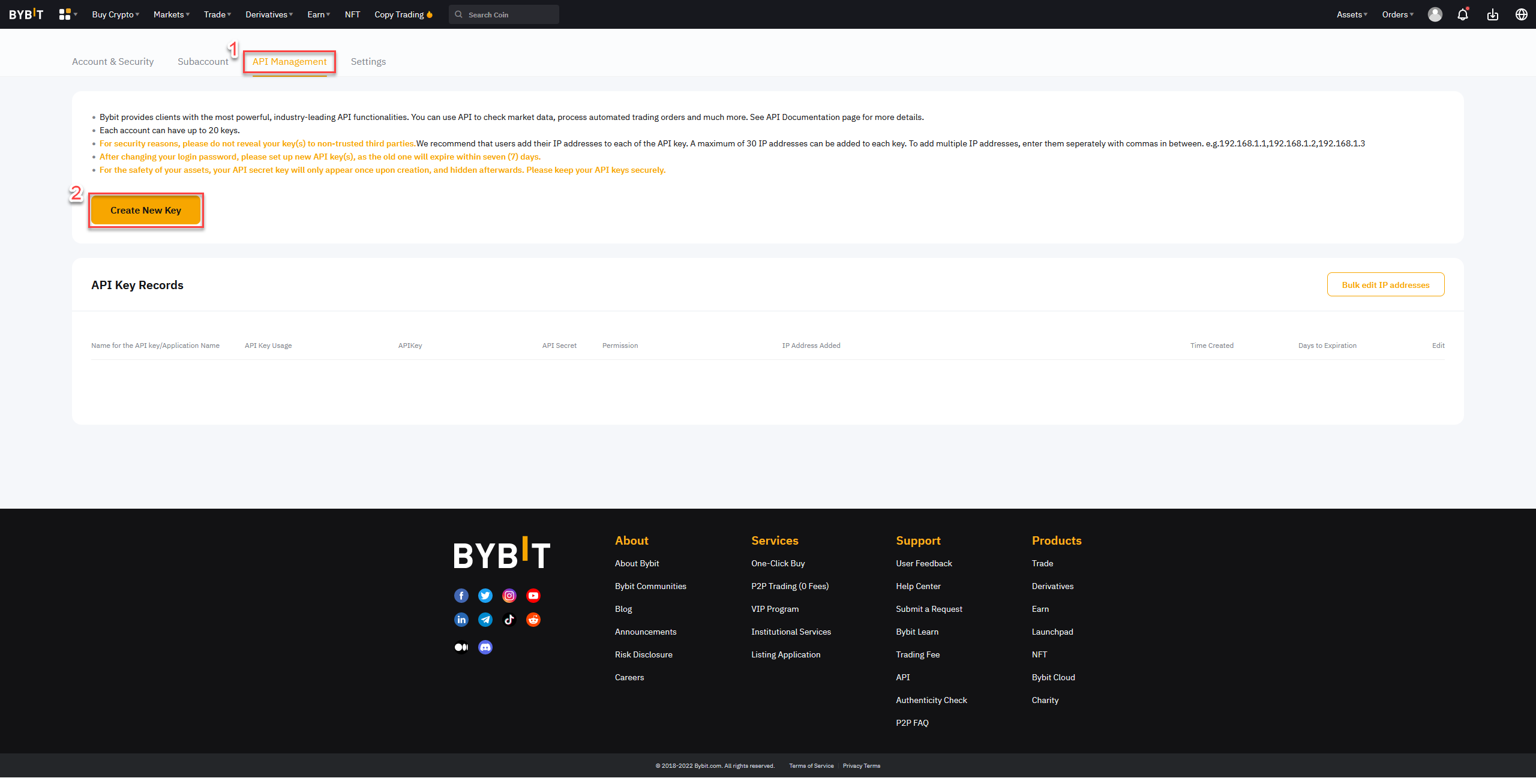 Bybit API Management dashboard with key creation and security configuration details