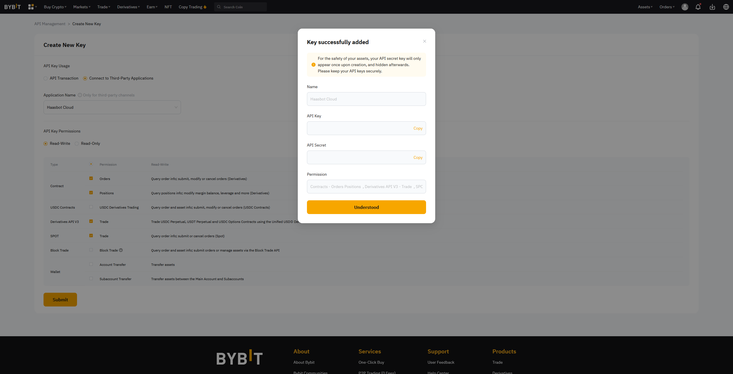 Bybit API Management dashboard with Create New Key form, showing API Key, API Secret, and Permissions details.