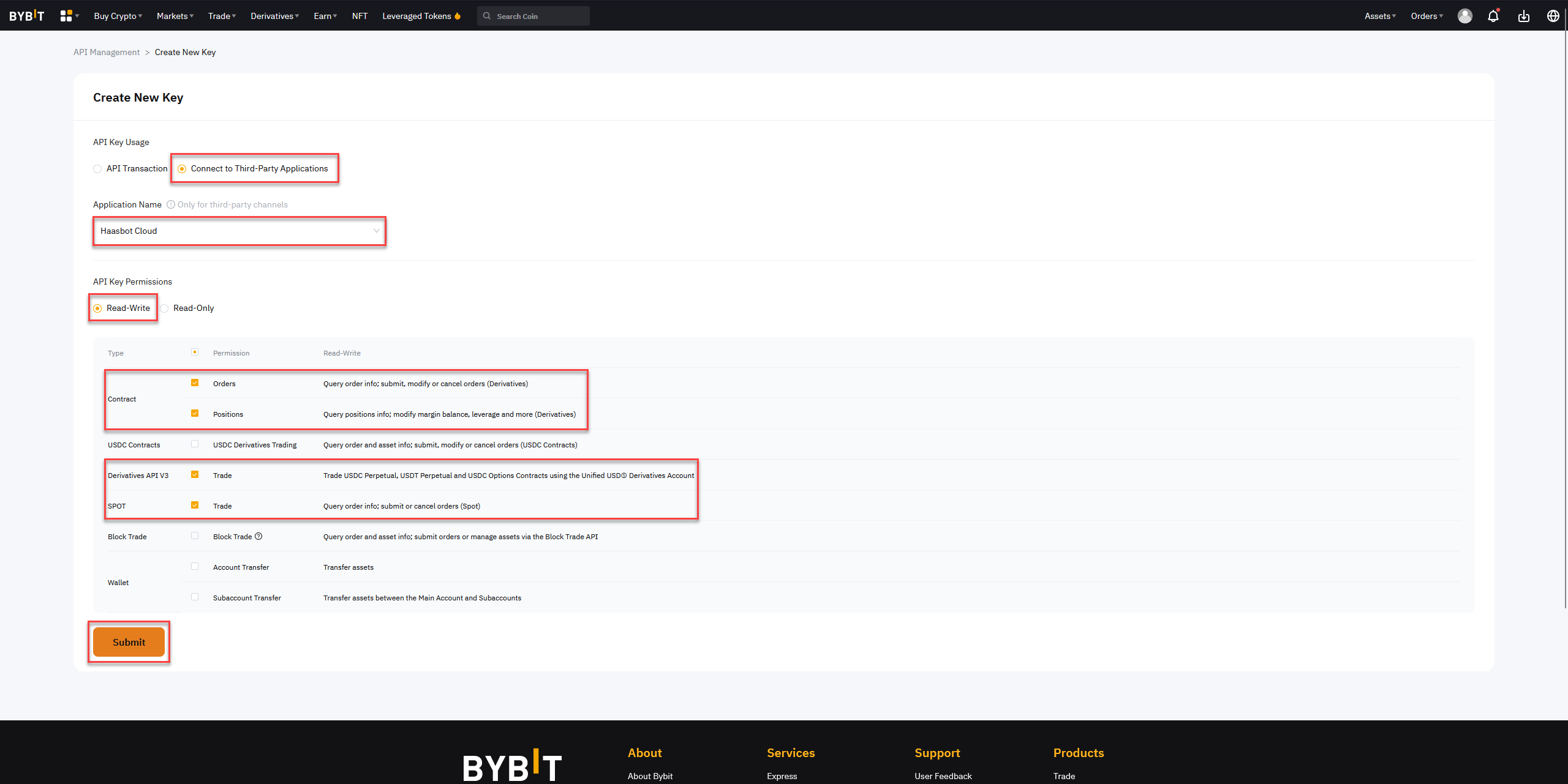Bybit API Management dashboard with Create New Key form showing API Key Usage and API Key Permissions options.