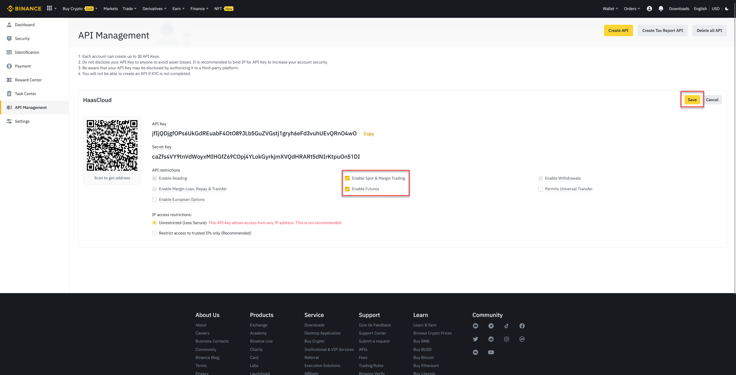 Binance API Management dashboard showing HaasCloud API key and trading permissions configurations.