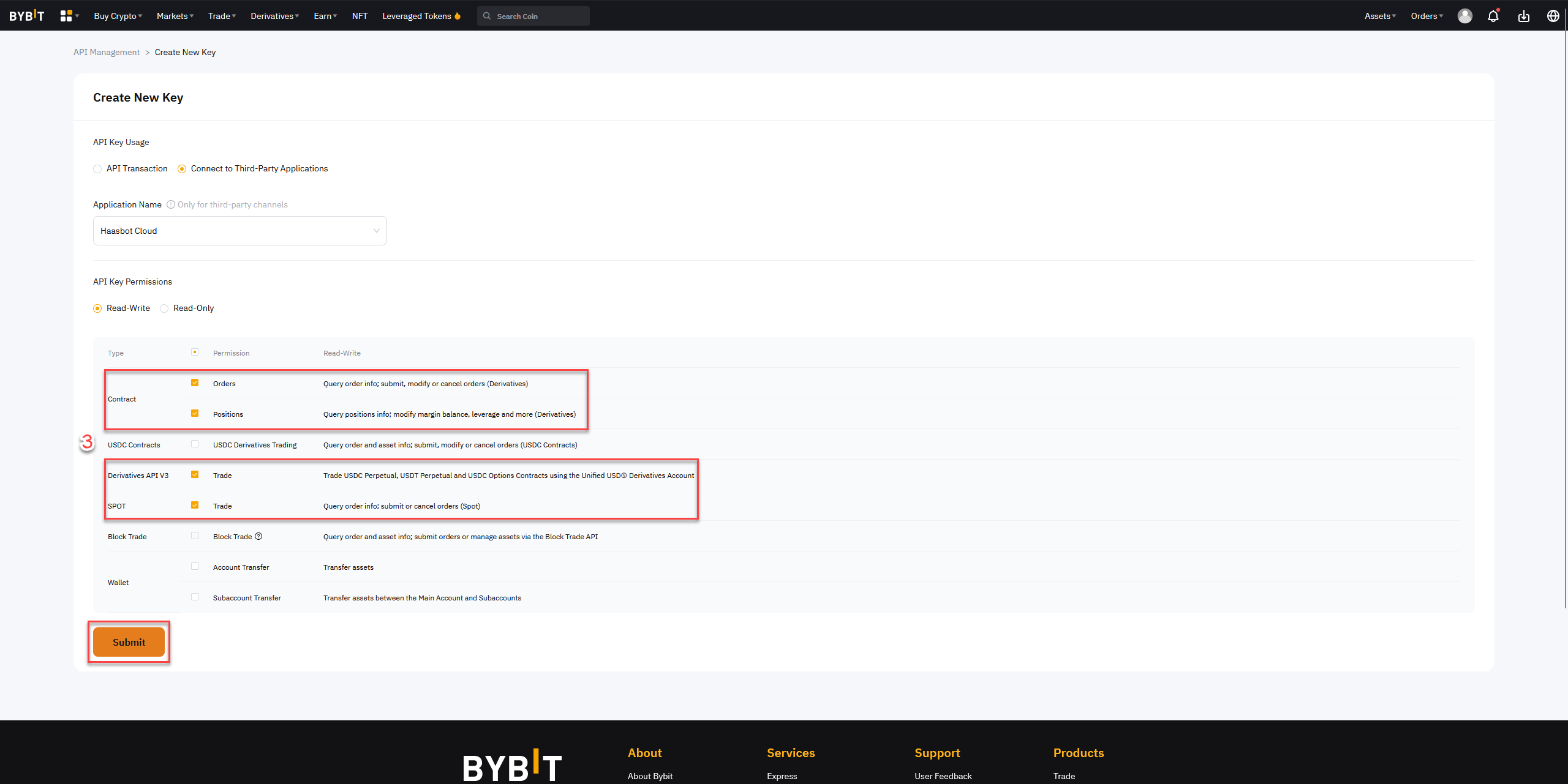 Bybit API Management dashboard with Create New Key form displaying API Key Usage and Permissions settings