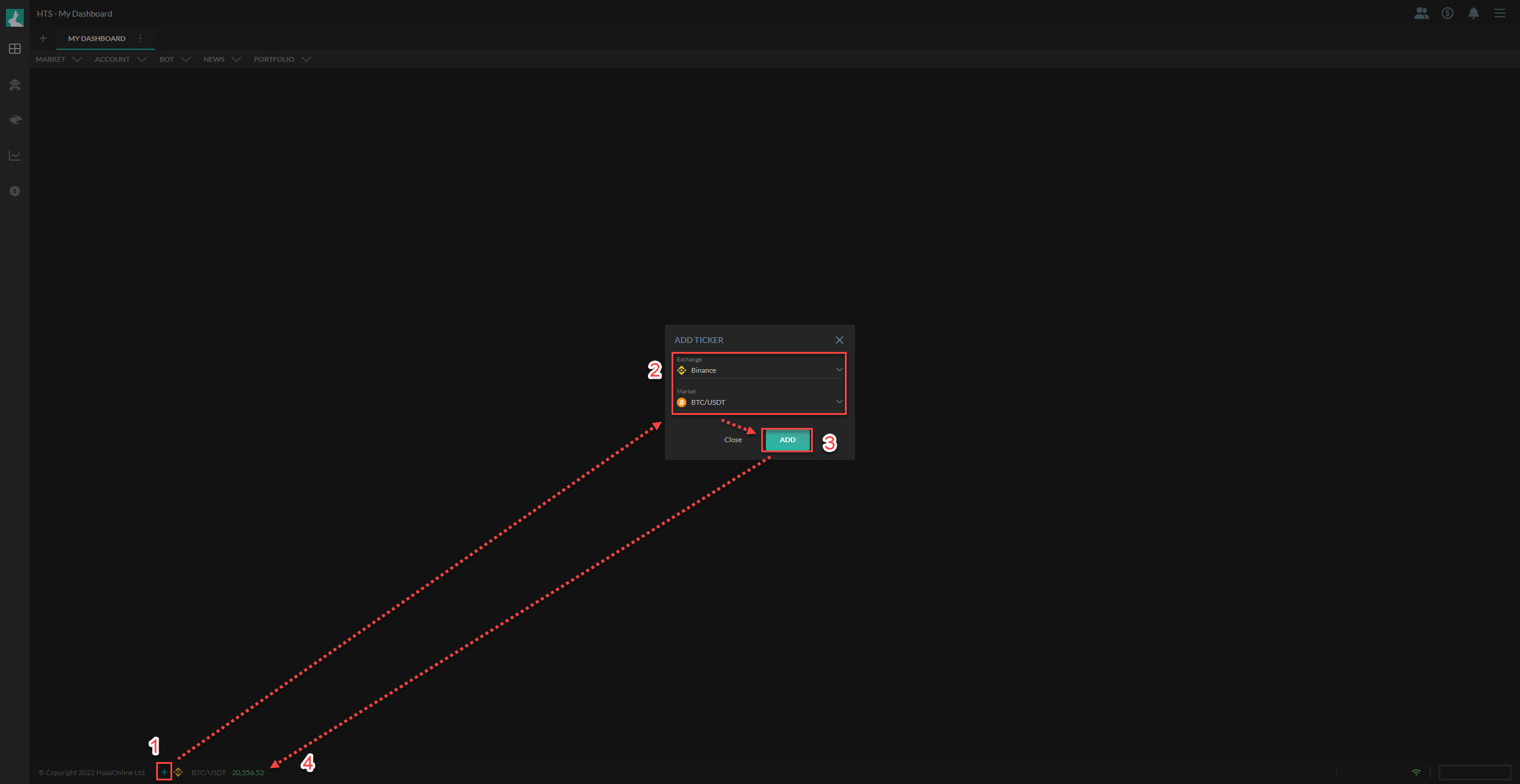 HaasOnline trading platform dashboard with "Add Ticker" dialog open, displaying Binance and BTC/USDT ticker options.
