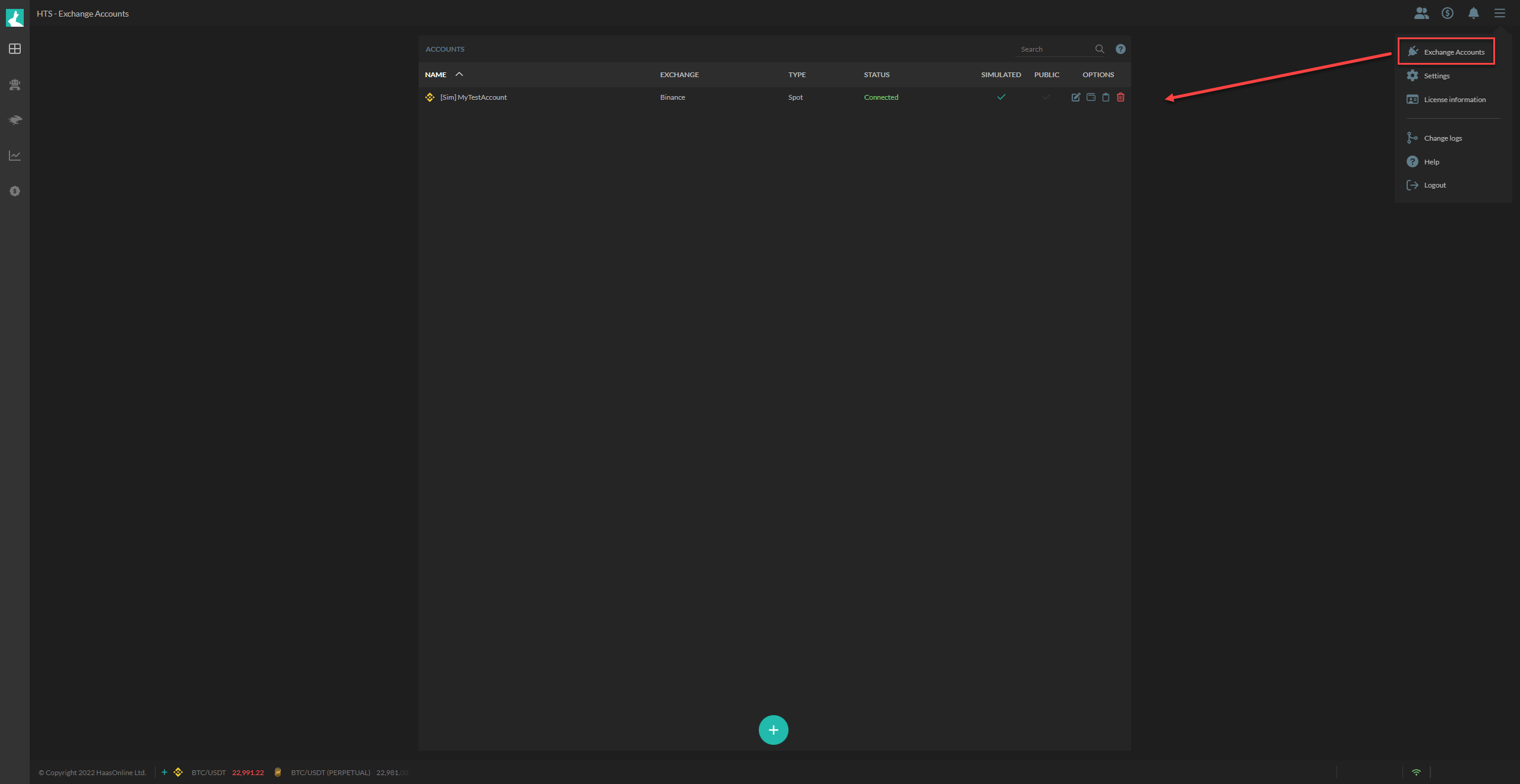 HaasOnline Exchange Accounts page with a connected Spot account and Exchange Accounts settings button.
