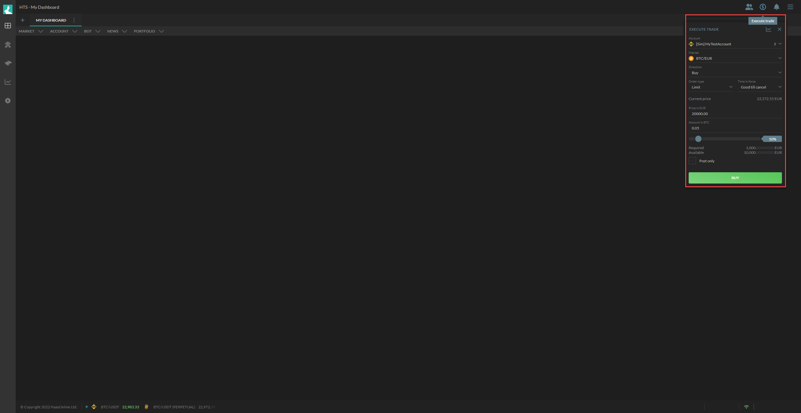 HaasOnline cryptocurrency trading platform dashboard with various UI elements and a "Buy" button for purchasing a cryptocurrency.
