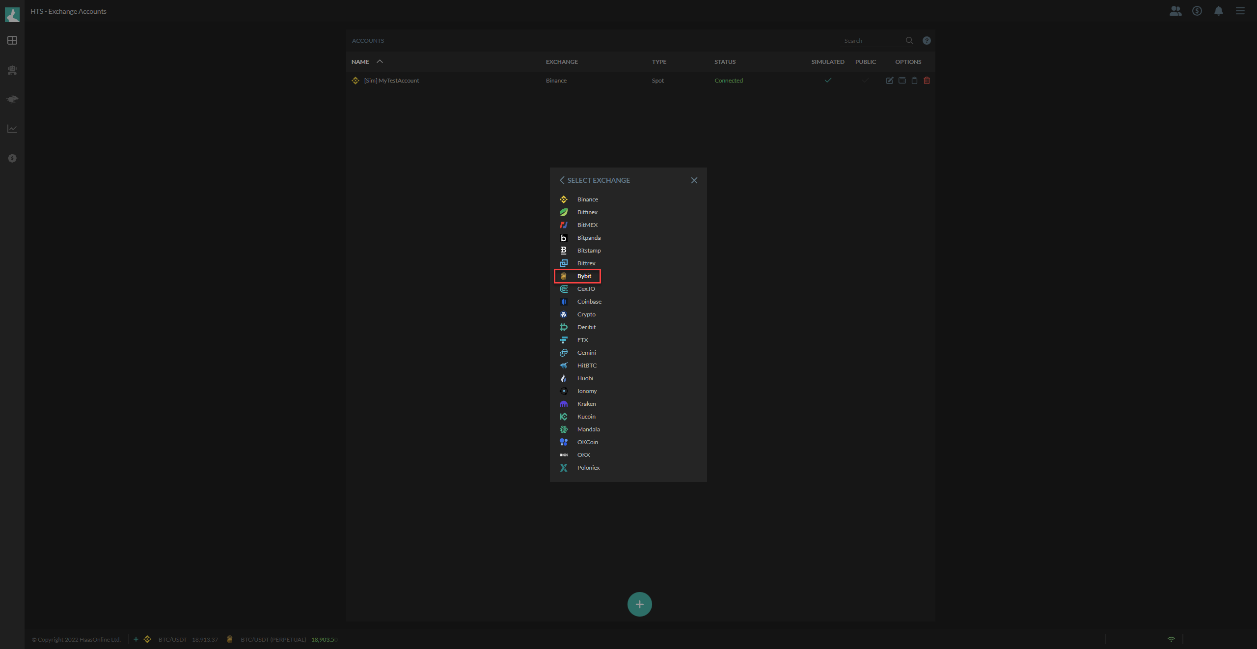 HaasOnline cryptocurrency exchange accounts dashboard with a dropdown menu of available exchanges.