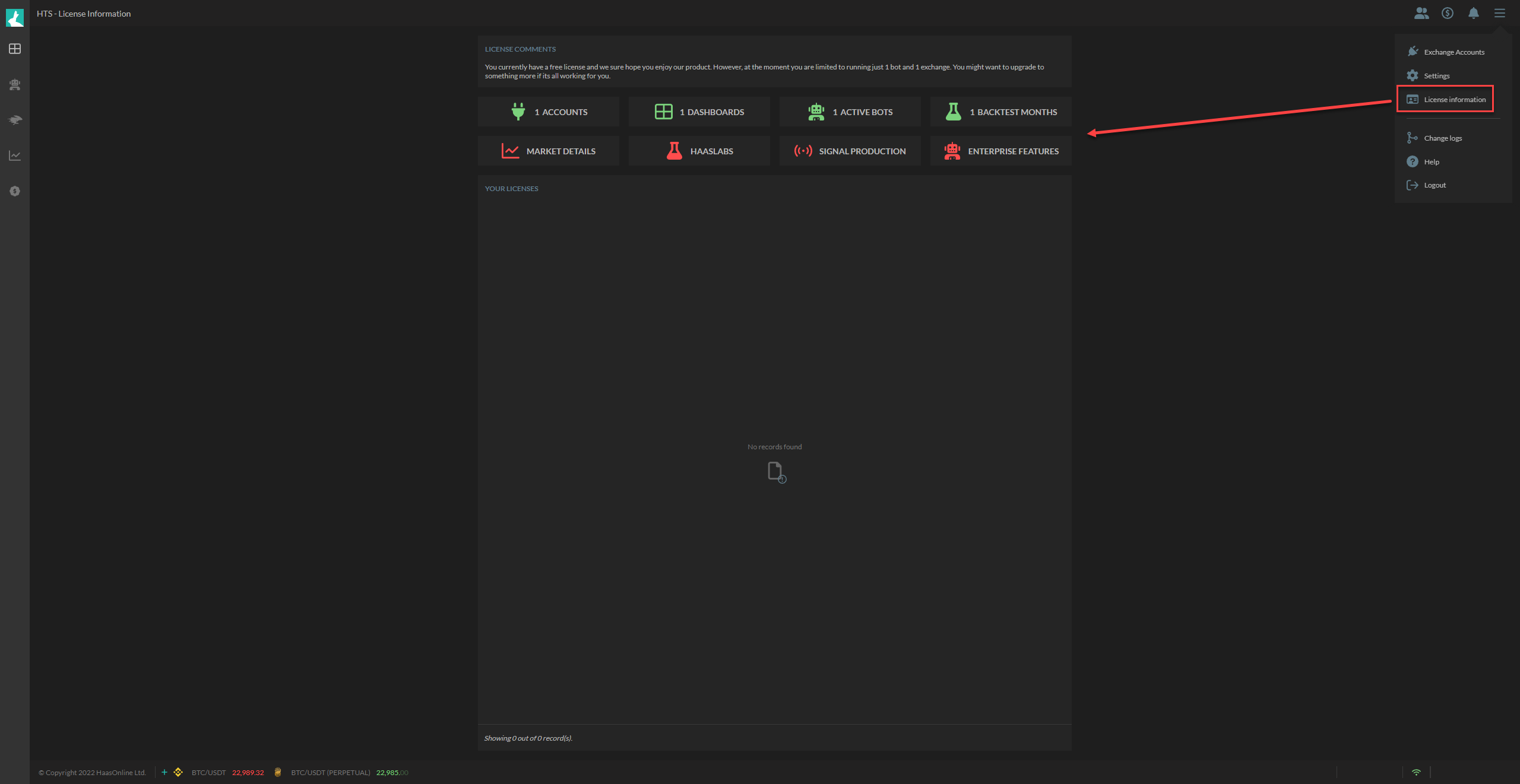 HaasOnline License Information dashboard showing account details, dashboards, active bots, and backtest months.