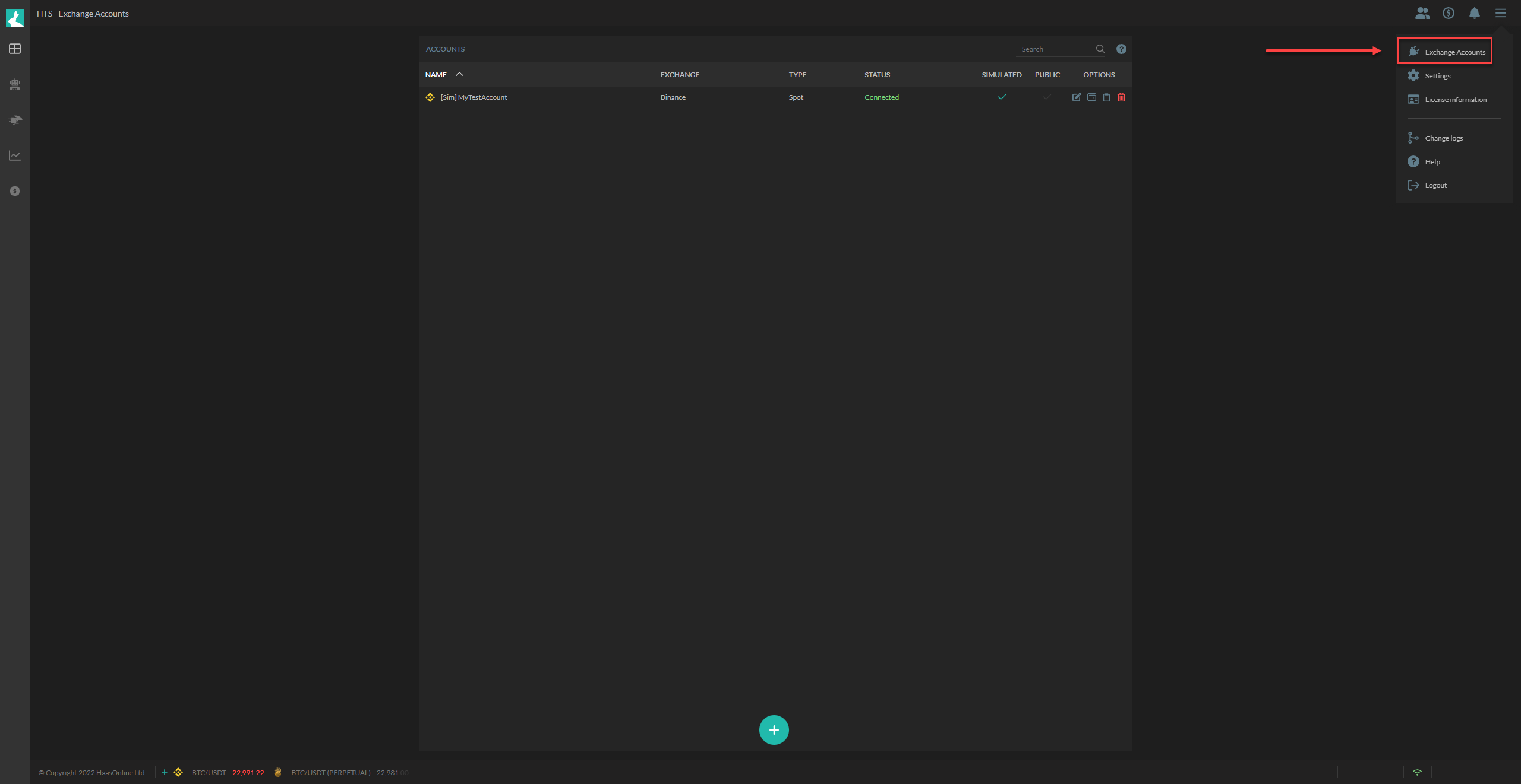 Cryptocurrency exchange accounts management interface with Exchange Accounts panel and Connect status indicator