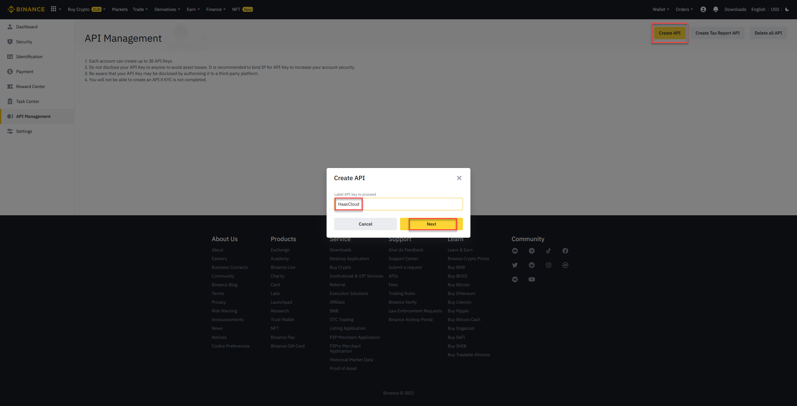 API Management dashboard with Create API button and API Key input field on Binance cryptocurrency exchange platform.