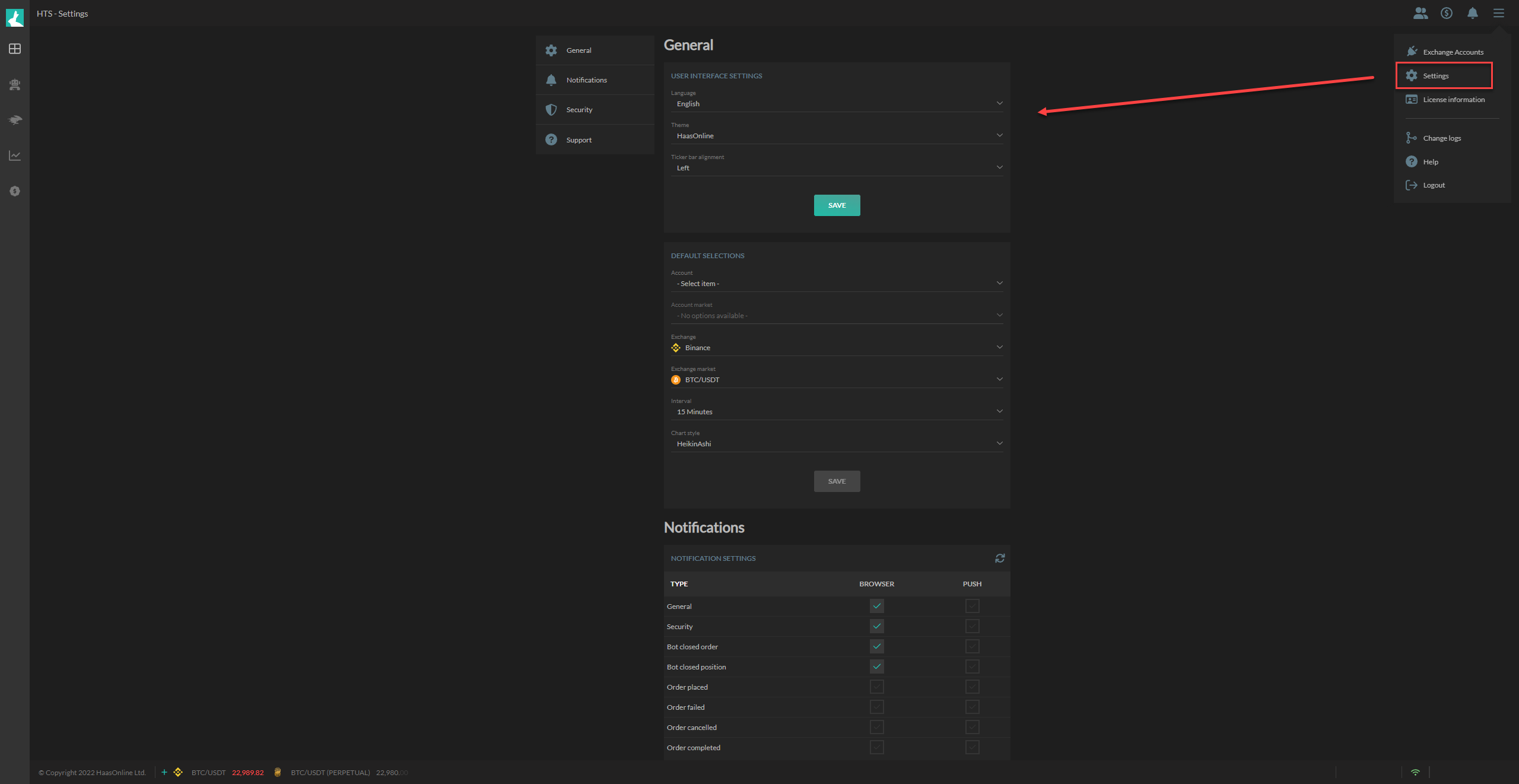 HaasOnline trading platform settings menu with user interface options and notification settings controls.