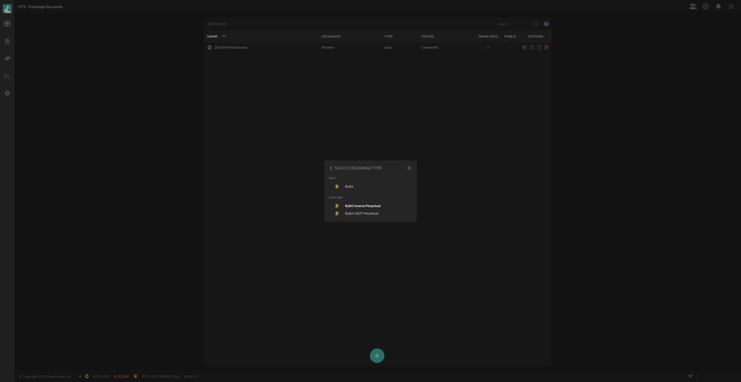 Cryptocurrency exchange account management interface with exchange type selector dialog