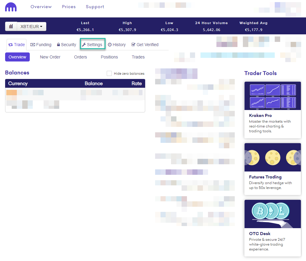 Cryptocurrency trading dashboard with XBT/EUR pricing data, trading tools, and account balances.