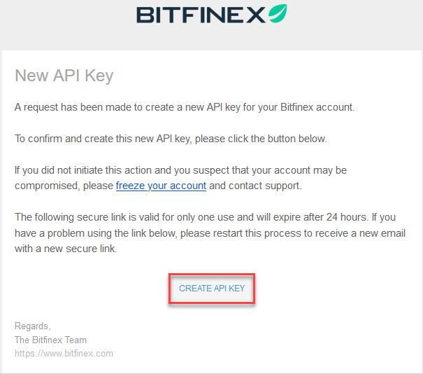 Bitfinex New API Key creation dialog with 'CREATE API KEY' button prominently displayed.