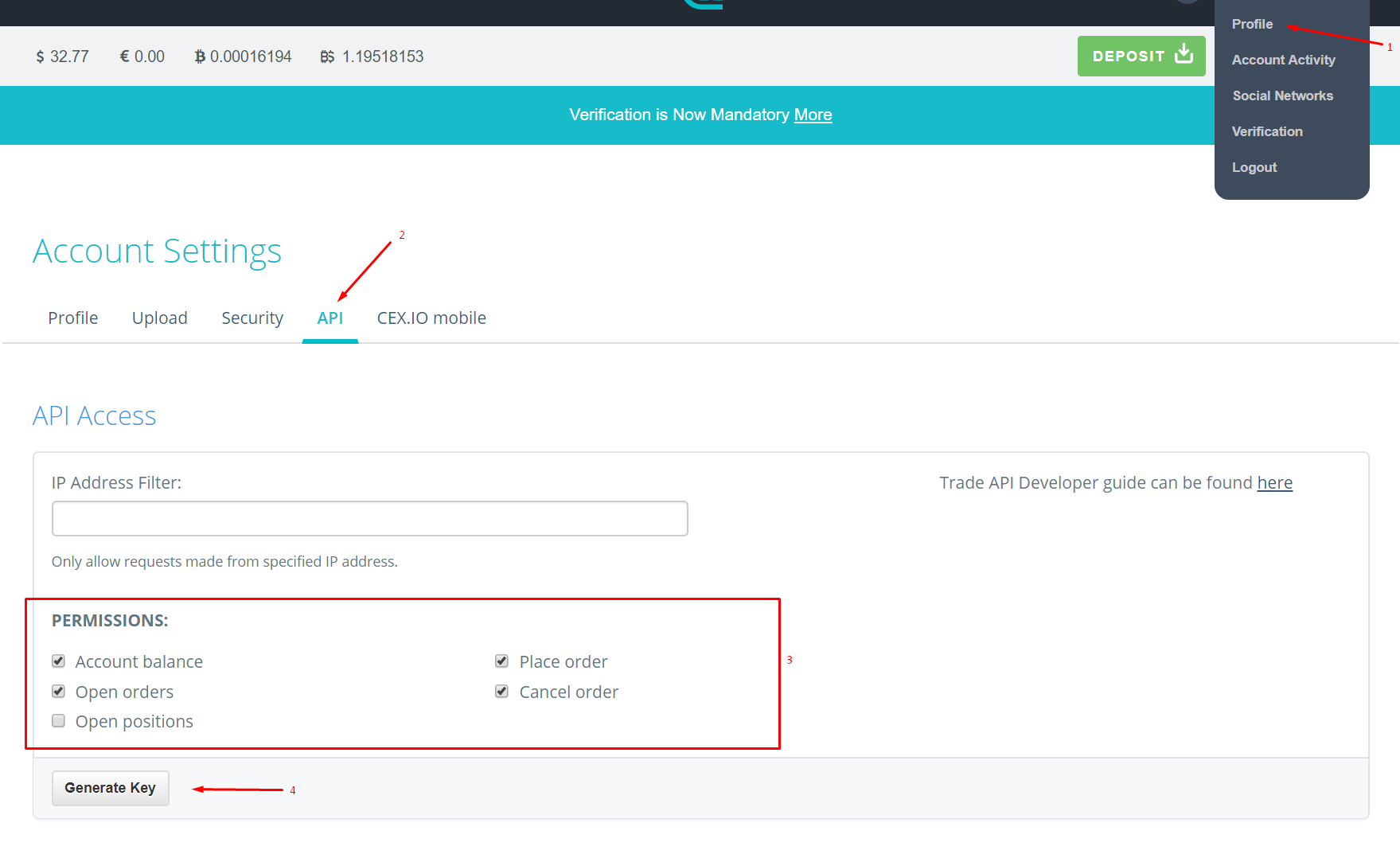 HaasOnline cryptocurrency trading platform API access settings with permissions options and Generate Key button.
