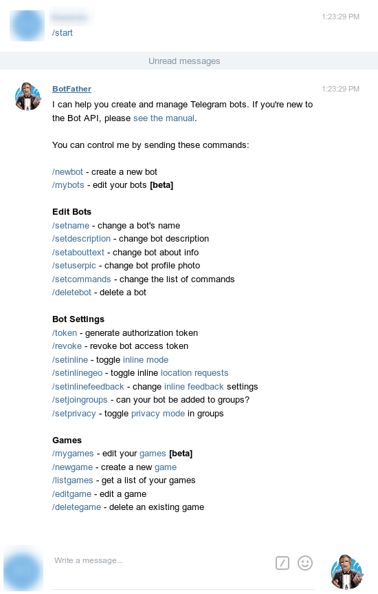 Telegram Bot API documentation interface with commands and settings for creating and managing bots