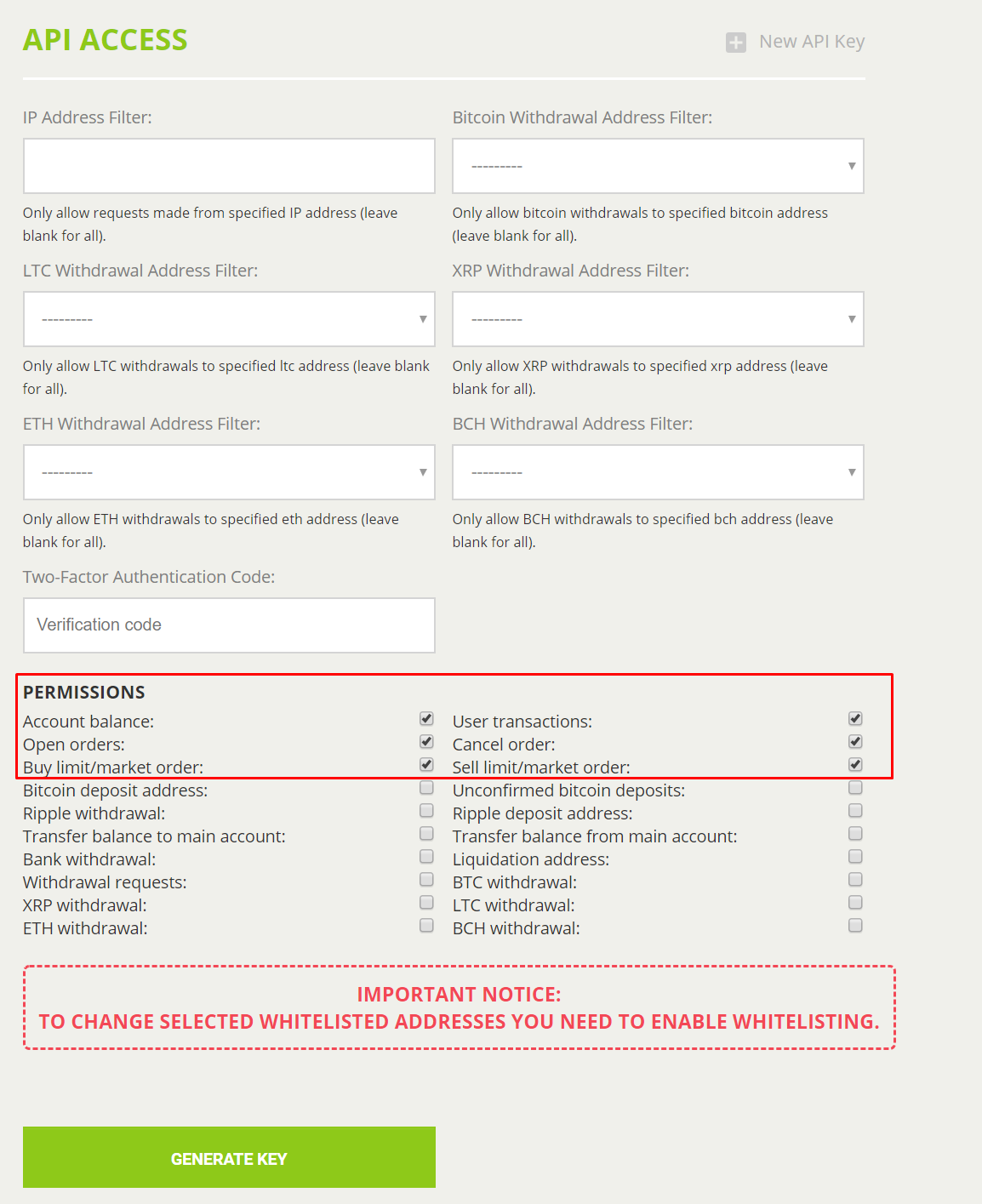 HaasOnline API Access page with address filters, permissions, and instructions to enable whitelisting.