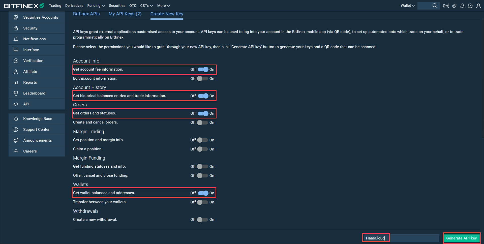 Bitfinex API management dashboard with options to enable account details, trade history, orders, margin trading, and wallet access.