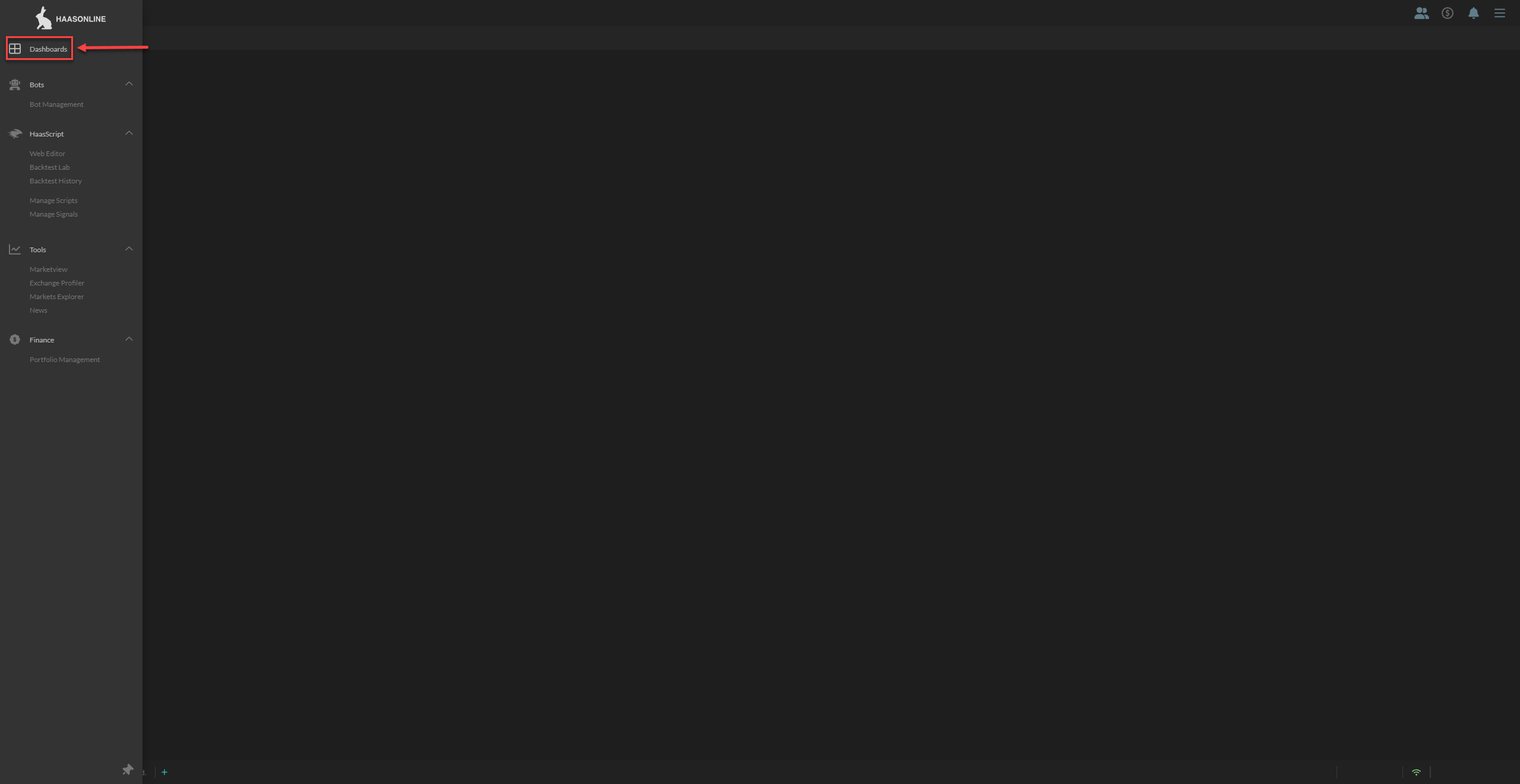 HaasOnline cryptocurrency trading platform dashboard with left-side menu options including Beta, HaasScript, Web Editor, and Finance Management.