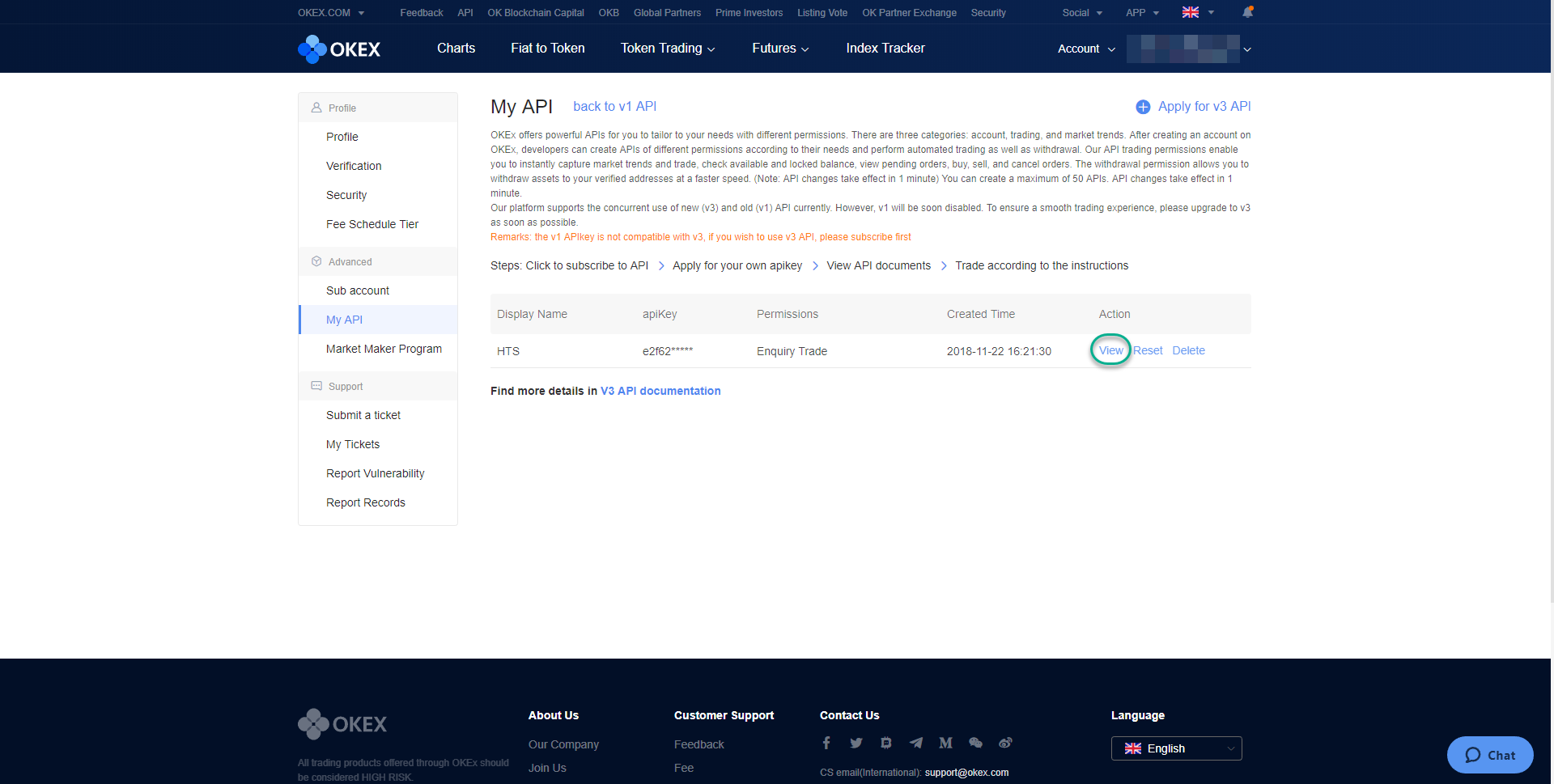OKEX API dashboard displaying API key details and management options