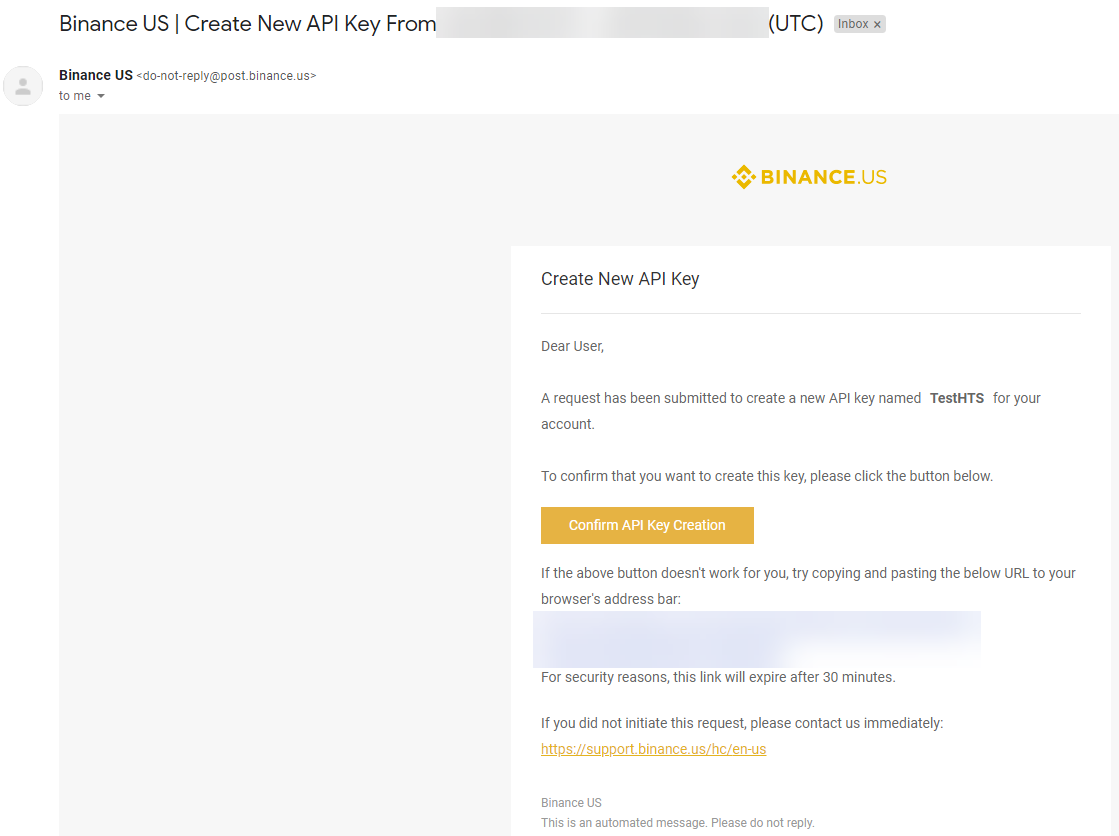 Binance US email notifying creation of new API key named "TestHTS" with Confirm API Key Creation button.