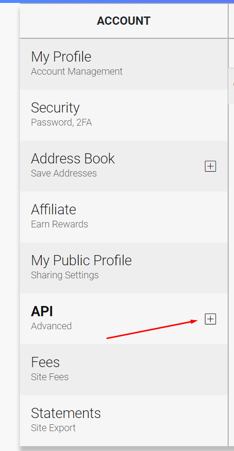 HaasOnline account management page with sections for profile, security, address book, affiliate, public profile, API, fees, and statements.