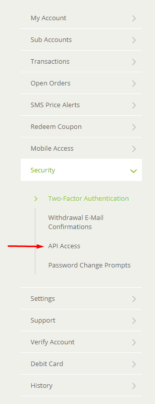 Cryptocurrency trading platform menu with Security options, including Two-Factor Authentication, Withdrawal E-Mail Confirmations, and API Access.