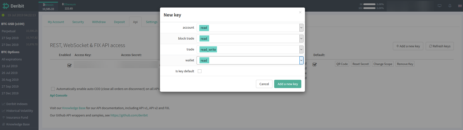Deribit cryptocurrency exchange API dashboard with API key management interface and permissions settings.