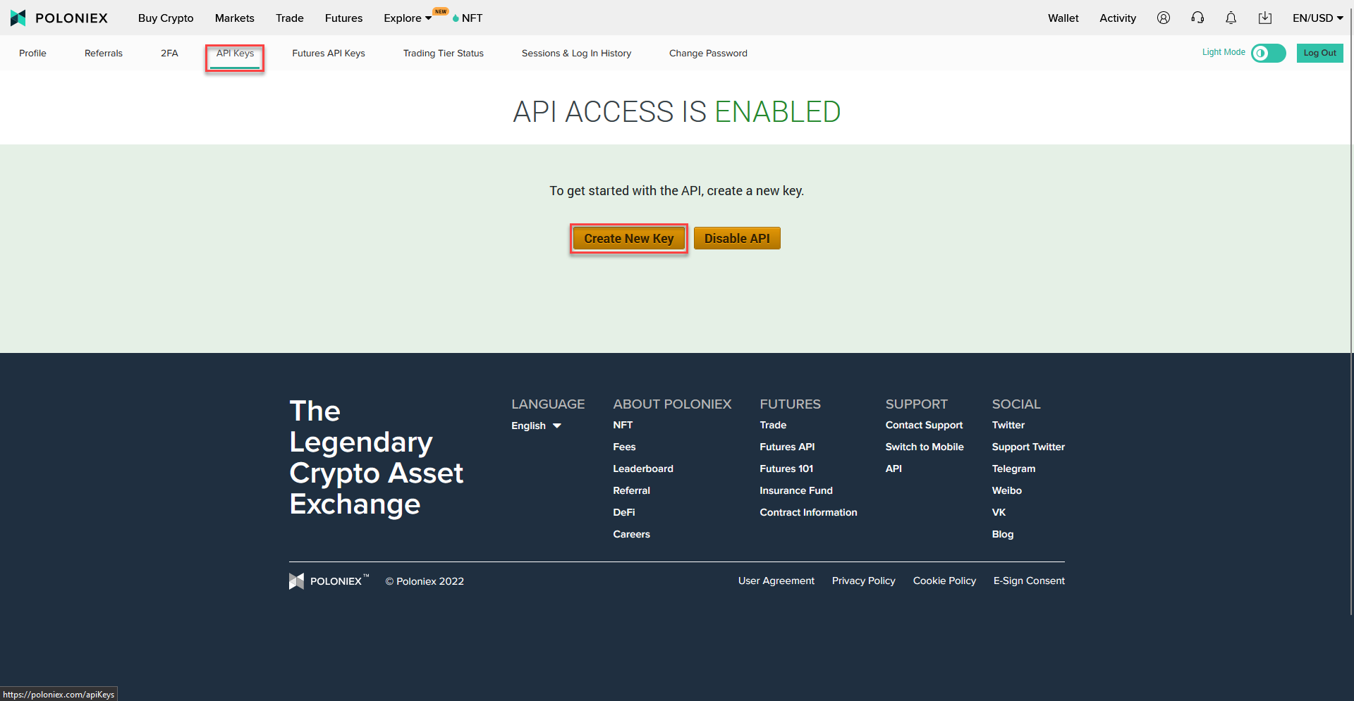 Poloniex API access management page with "Create New Key" and "Disable API" buttons for managing API keys.