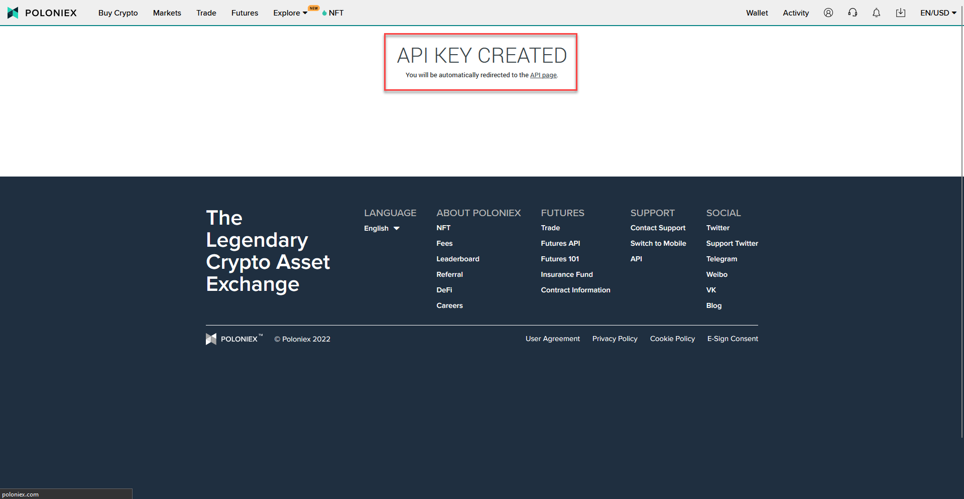 Poloniex cryptocurrency exchange website with API Key Created dialog and prominent navigation menu.