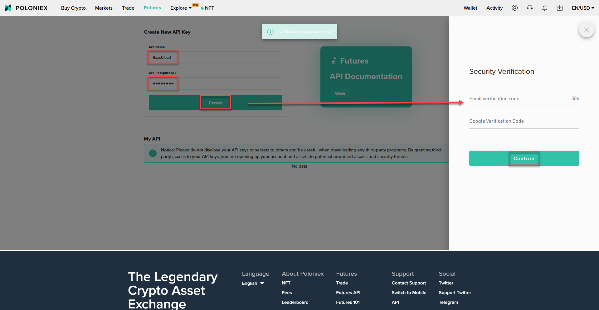 Poloniex cryptocurrency exchange API key creation form with fields for API Name and API Passphrase, and a Create button.
