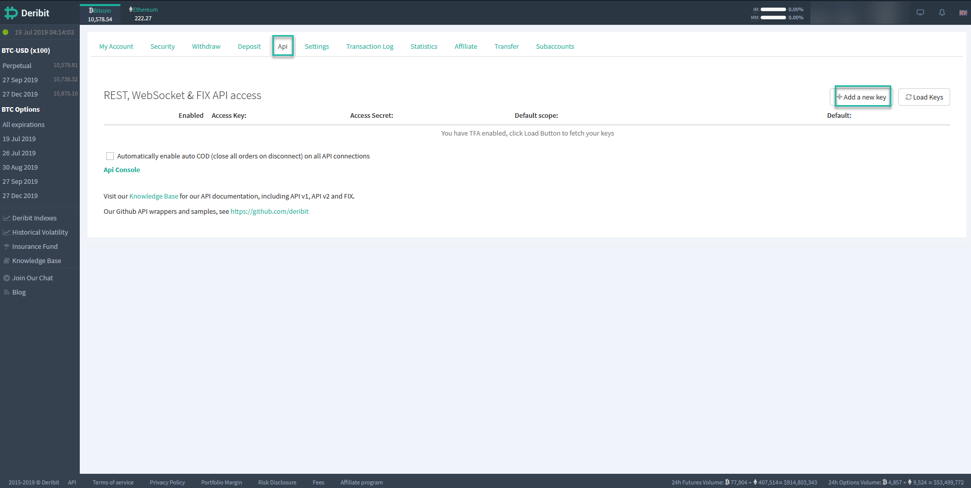 Deribit cryptocurrency exchange API management interface showing REST, WebSocket, and FIX API access configuration options.