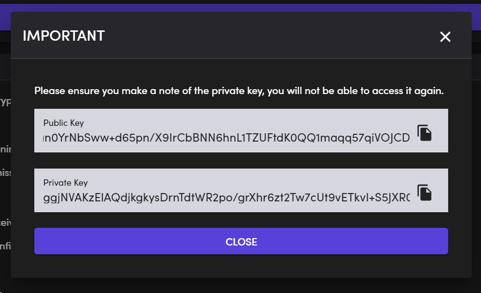 Important dialog box displaying public and private key information for cryptocurrency trading platform