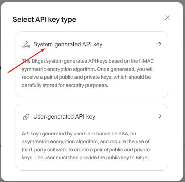 HaasOnline API key selection dialog with System-generated API key and User-generated API key options