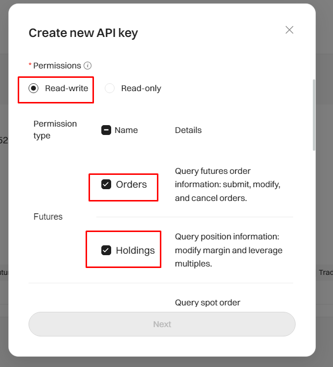 HaasOnline API key creation dialog with read-write and futures order and holdings permissions selected.
