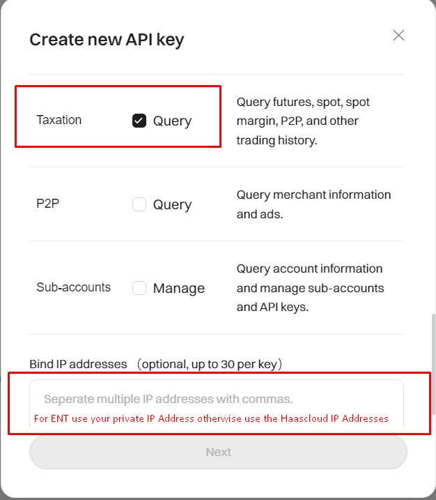HaasOnline API key creation dialog with Taxation and Query permissions options and IP address binding field.