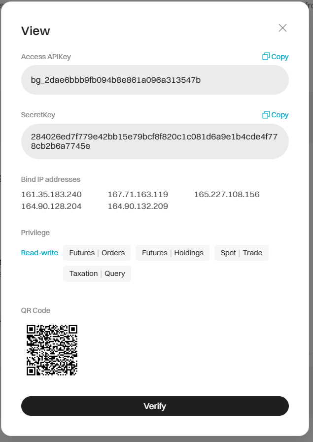 Cryptocurrency trading platform API management interface showing access key, secret key, and bind IP addresses.