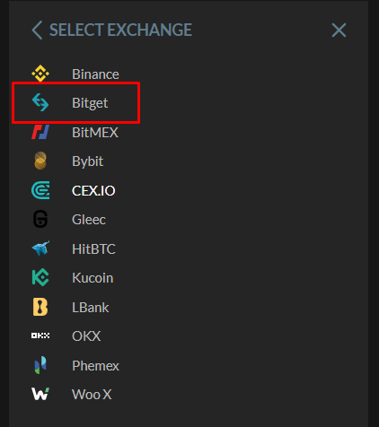 Cryptocurrency exchange selection screen in HaasOnline platform, highlighting Bitget exchange.