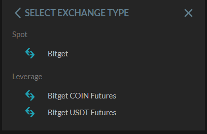 Cryptocurrency trading platform UI showing Select Exchange Type options: Spot, Bitget, Bitget COIN Futures, Bitget USDT Futures.