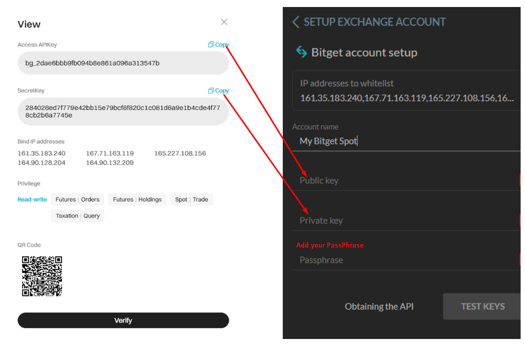 Bitget account setup dialog with API key, secret key, and IP address configuration fields.