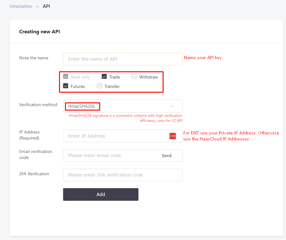 HaasOnline API creation form with fields for name, permissions, verification method, and IP address