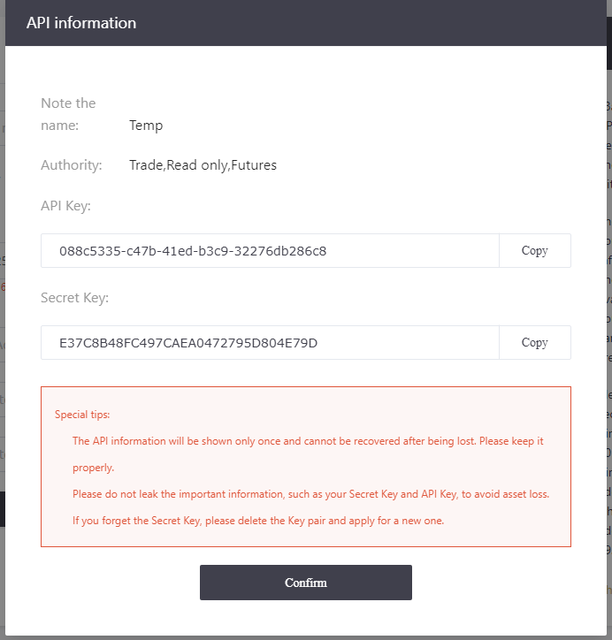 HaasOnline API information dialog with API Key, Secret Key, and special tips displayed