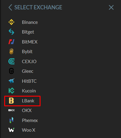 Cryptocurrency exchange selection menu with LBank listed among other exchange options.