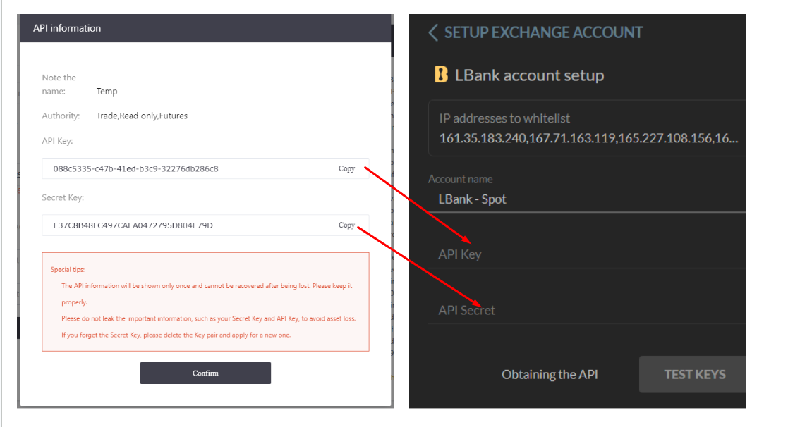 HaasOnline cryptocurrency trading platform setup screen with API information and LBank account setup fields.